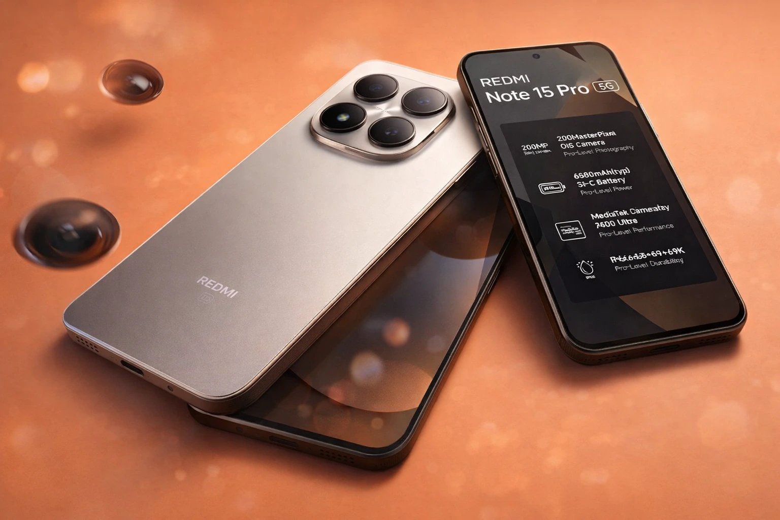 Redmi Note 15 Pro showcasing rear camera design and front display ahead of India launch