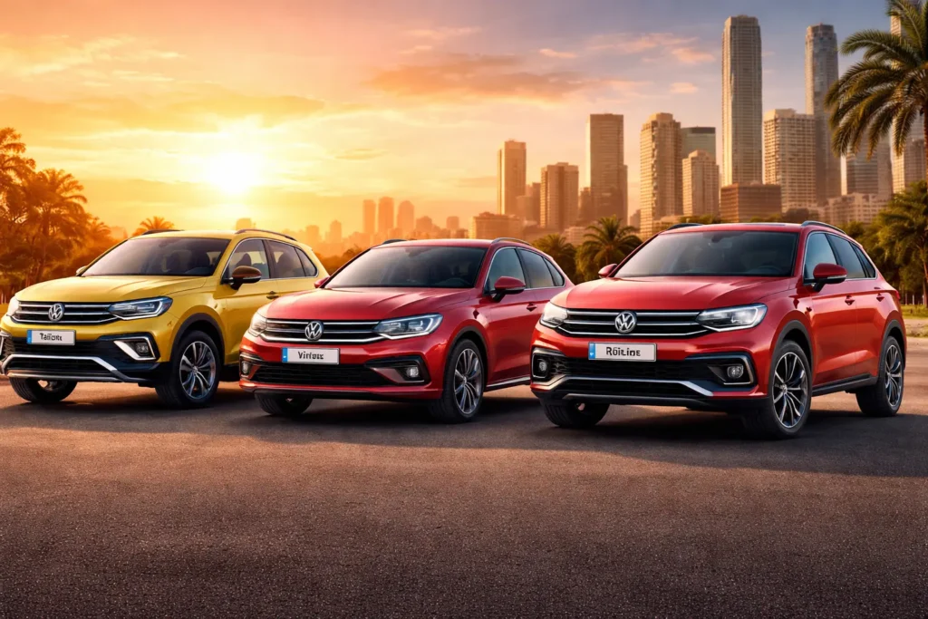Volkswagen Taigun Virtus and Tiguan R Line showcased together during January 2026 discount offers in India