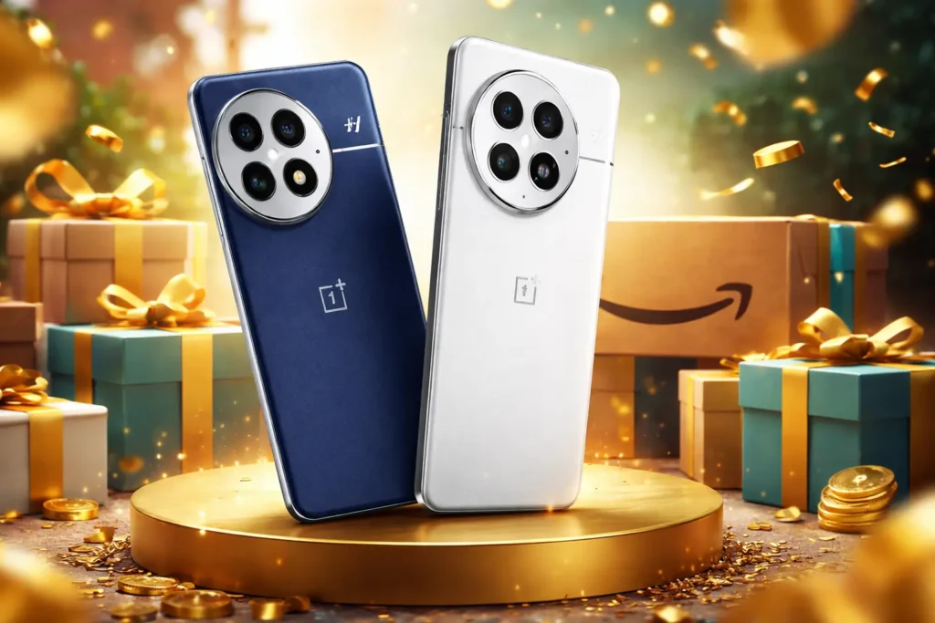 OnePlus flagship smartphone showcased during Amazon deal after ₹12,000 price drop, featuring premium design and triple camera setup
