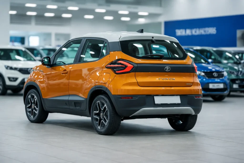Tata Punch Hybrid 2026 SUV showcasing bold design and compact styling with expected 26 kmpl mileage in a modern showroom setting