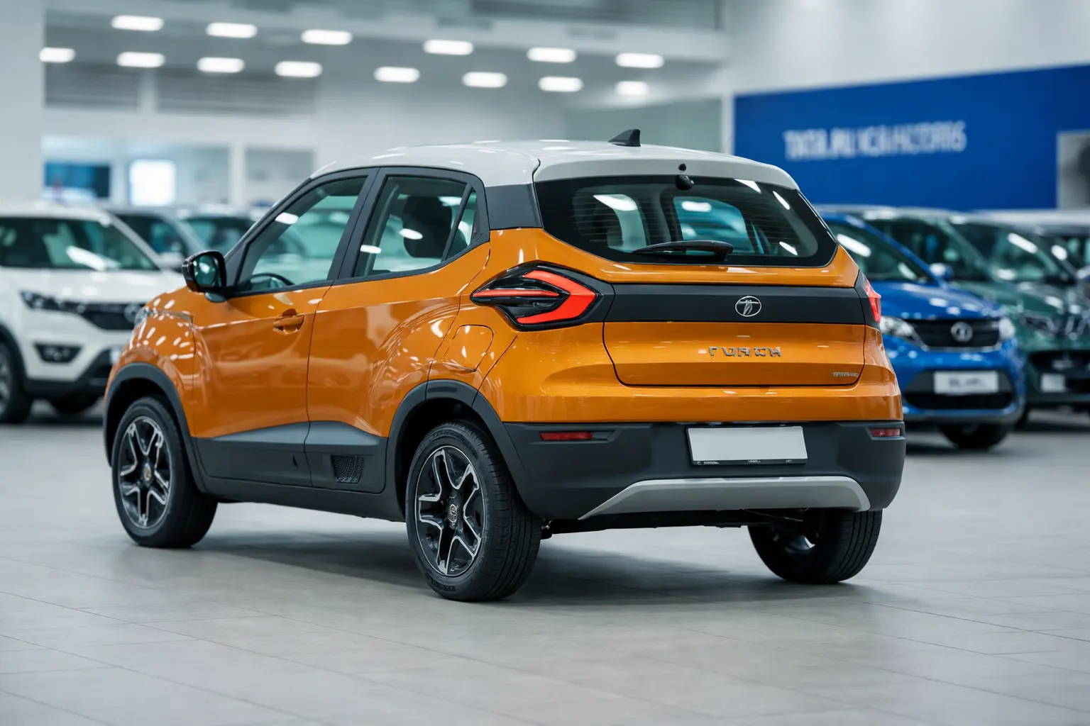 Tata Punch Hybrid 2026 SUV showcasing bold design and compact styling with expected 26 kmpl mileage in a modern showroom setting