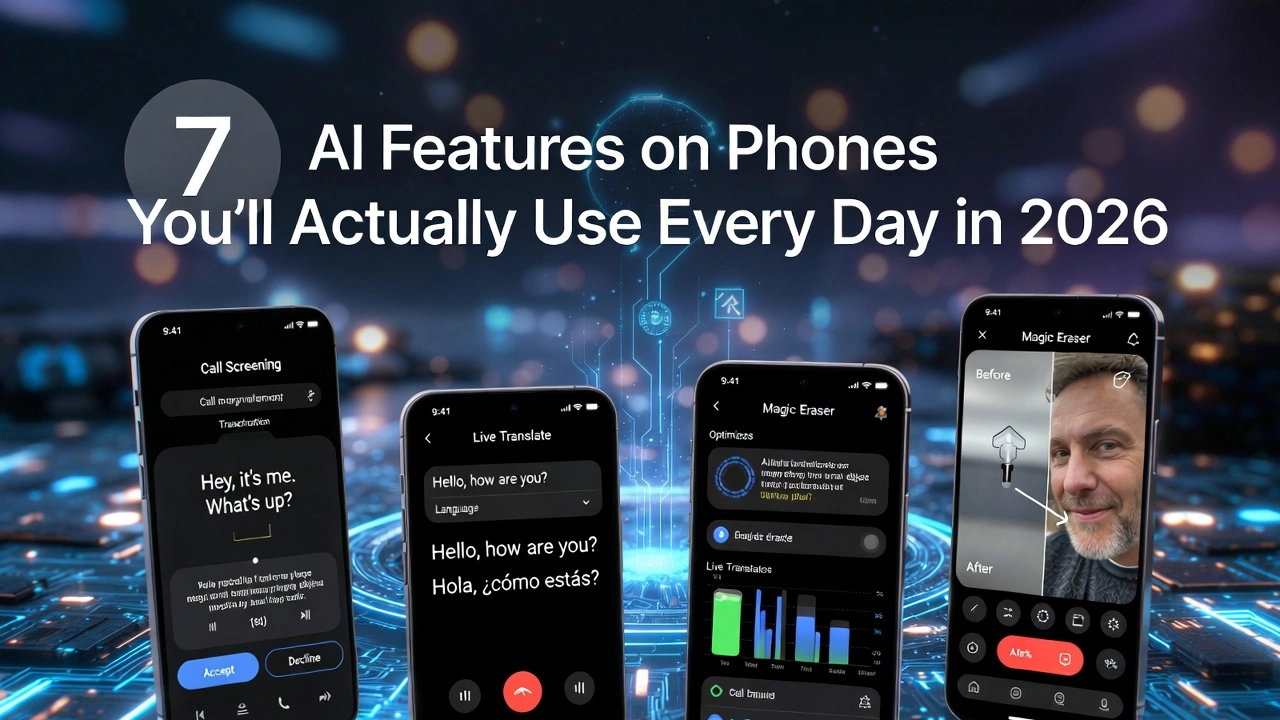 7 everyday AI phone features 2026 – call screening transcription, Magic Eraser before/after, live translate call, AI battery optimization on phone screens with futuristic tech background