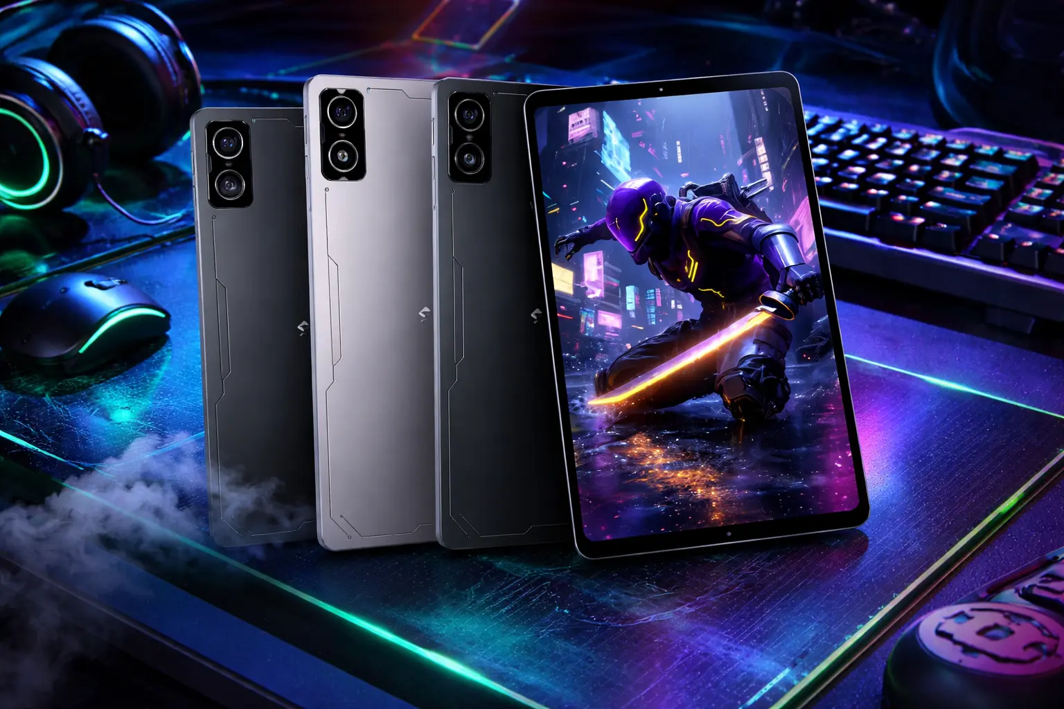 Black Shark Gaming Tablet shown in black and silver colours with a high refresh rate gaming display in a futuristic setup