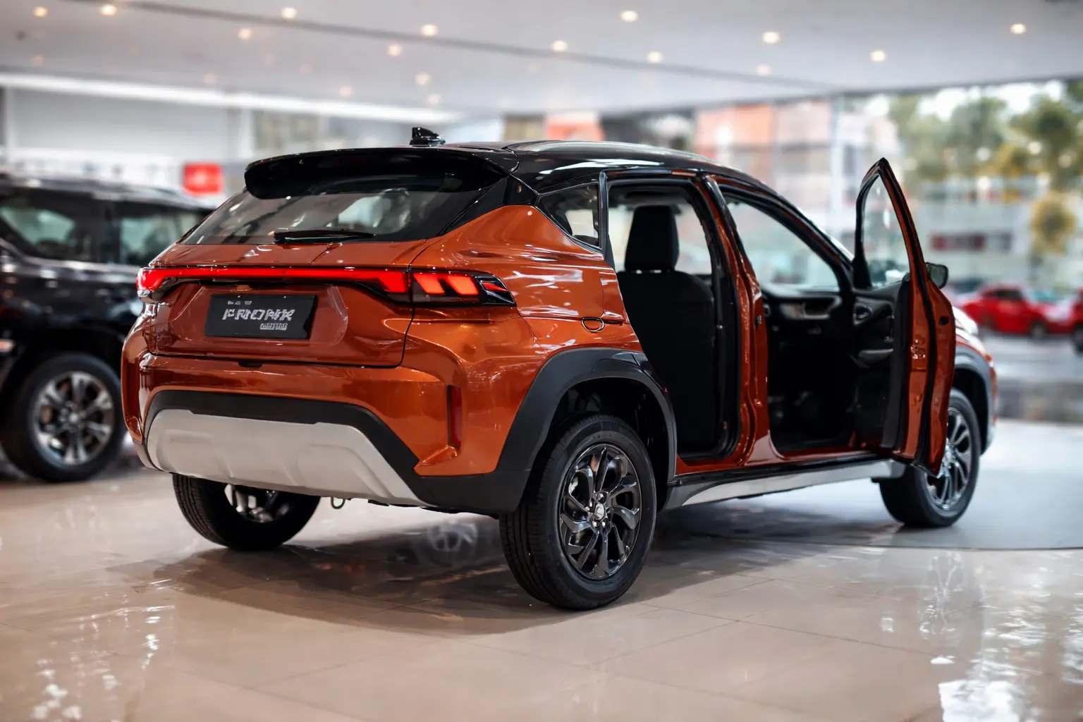 Maruti Fronx 2026 Hybrid compact SUV showcased in a showroom with sporty rear design and modern styling