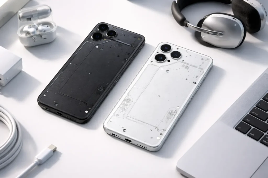 Nothing Phone 3a Lite 5G shown in black and white color variants with transparent design and camera setup