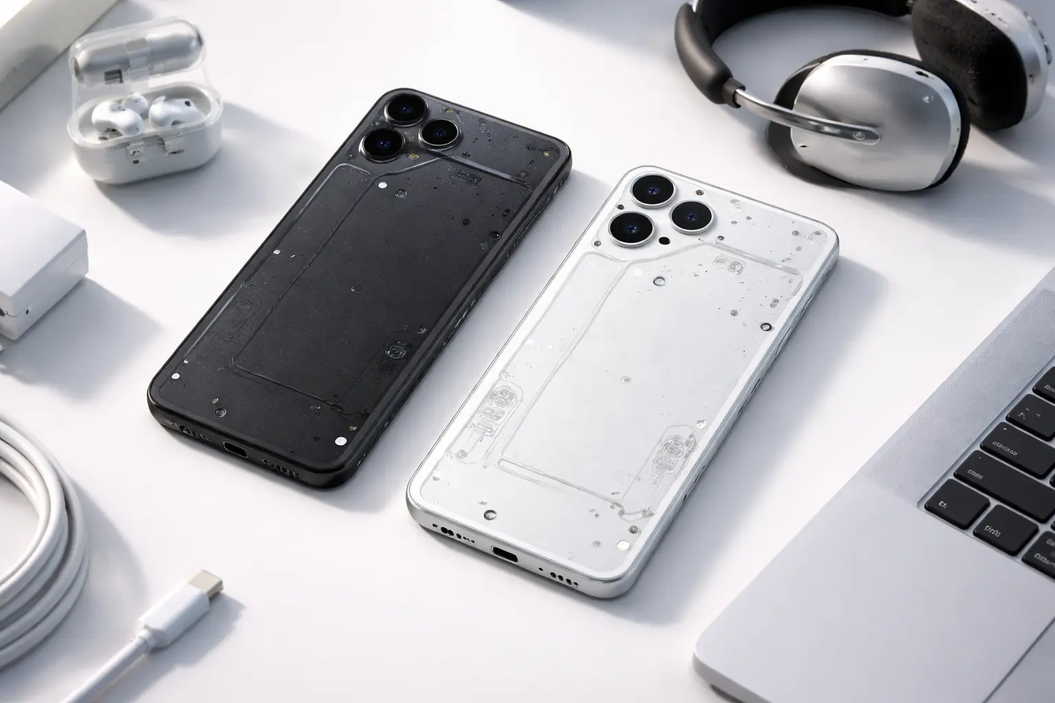 Nothing Phone 3a Lite 5G shown in black and white color variants with transparent design and camera setup