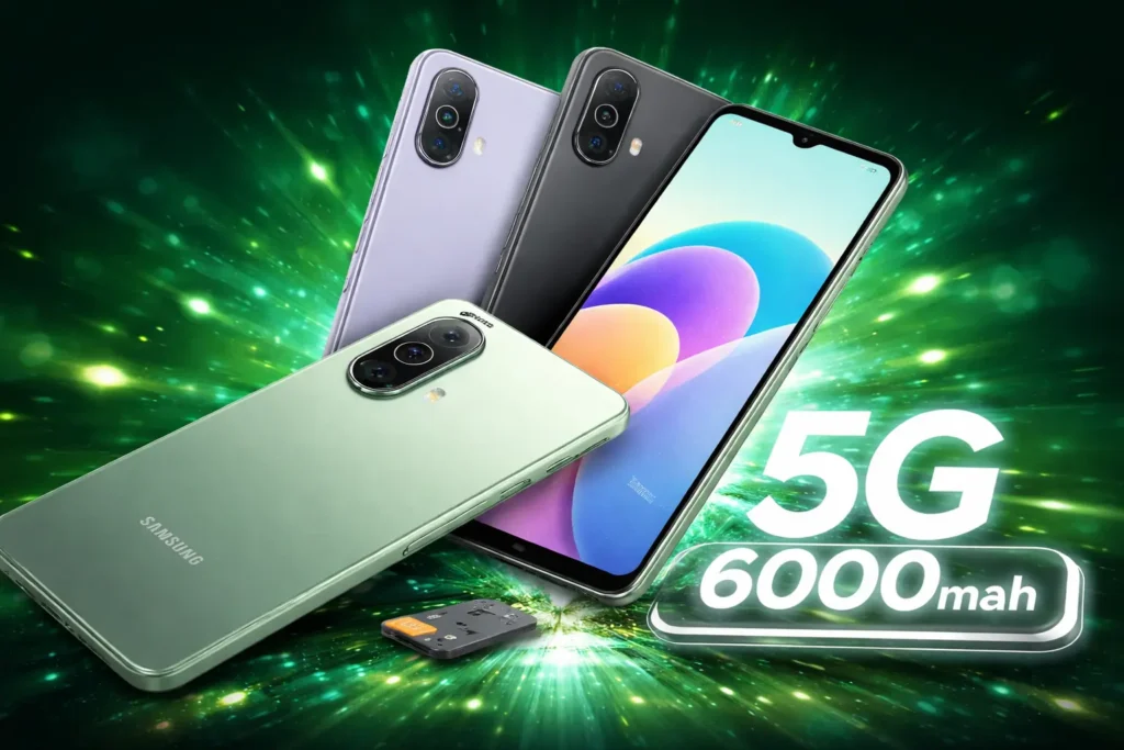 Samsung Galaxy A07 5G smartphone showing rear camera design and large display in green, black and violet colors
