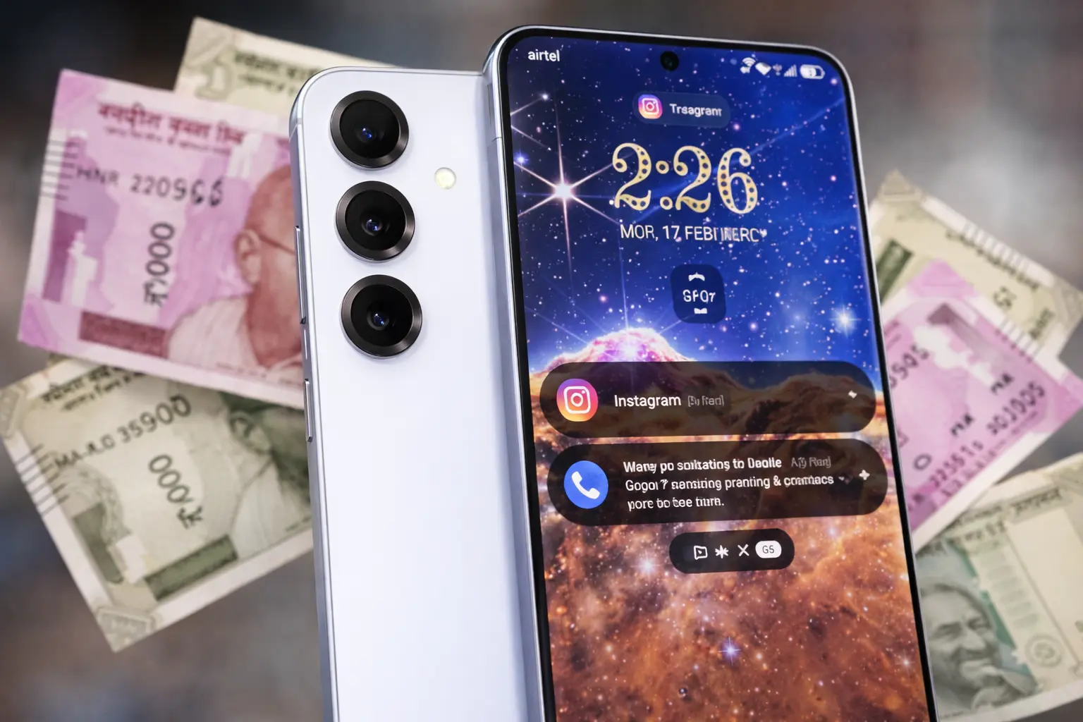 Samsung Galaxy S25 smartphone showing front display and triple rear camera with Indian currency in background