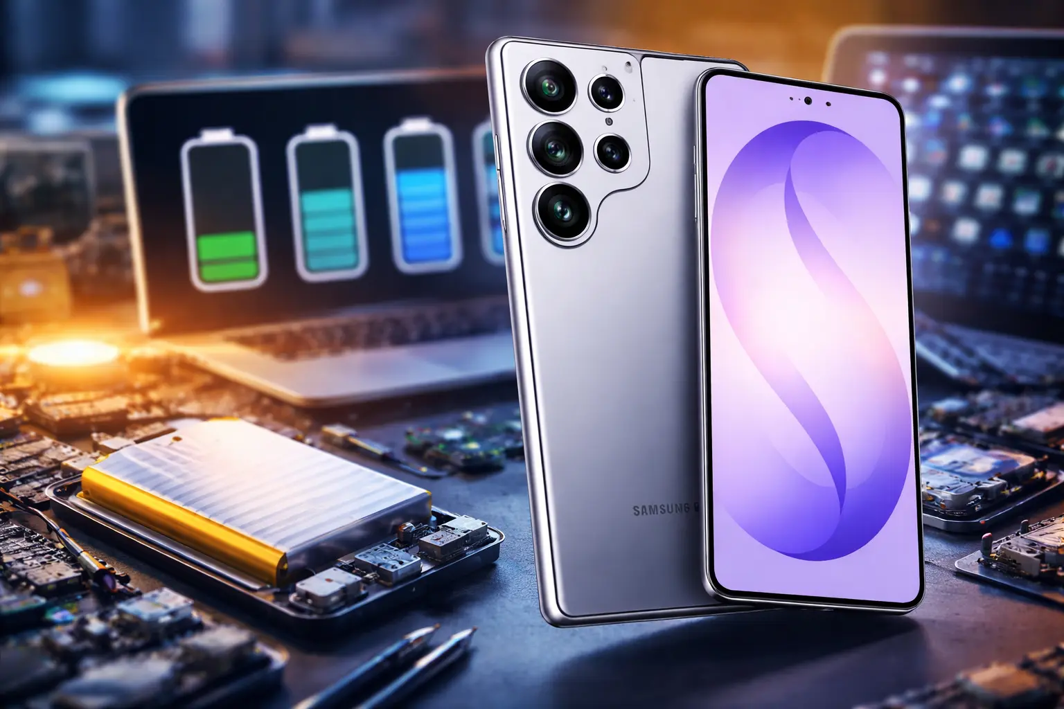 Samsung Galaxy S26 Ultra shown with battery components highlighting the latest battery leak and design changes