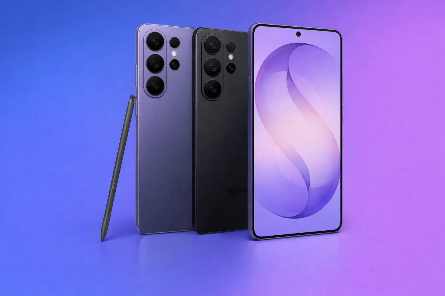 Samsung Galaxy S26 Ultra design showing flat frame, unified camera island and S Pen in violet color