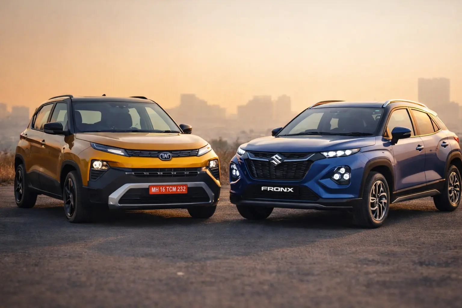 Tata Punch and Maruti Fronx parked side by side showing design and size difference