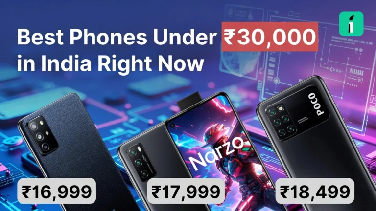 Best smartphones under ₹30,000 in India – Samsung Galaxy F70e leather finish, Realme Narzo gaming, Poco camera close-up with price badges and deal icons