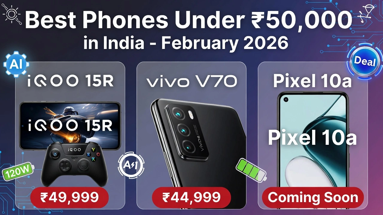 Best smartphones under ₹50,000 in India February 2026 – iQOO 15R gaming, Vivo V70 camera, Pixel 10a AI, with price badges and deal icons
