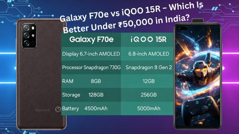 Galaxy F70e vs iQOO 15R comparison India – Samsung leather finish phone vs iQOO gaming beast, side-by-side with specs chart and price tags under ₹50,000