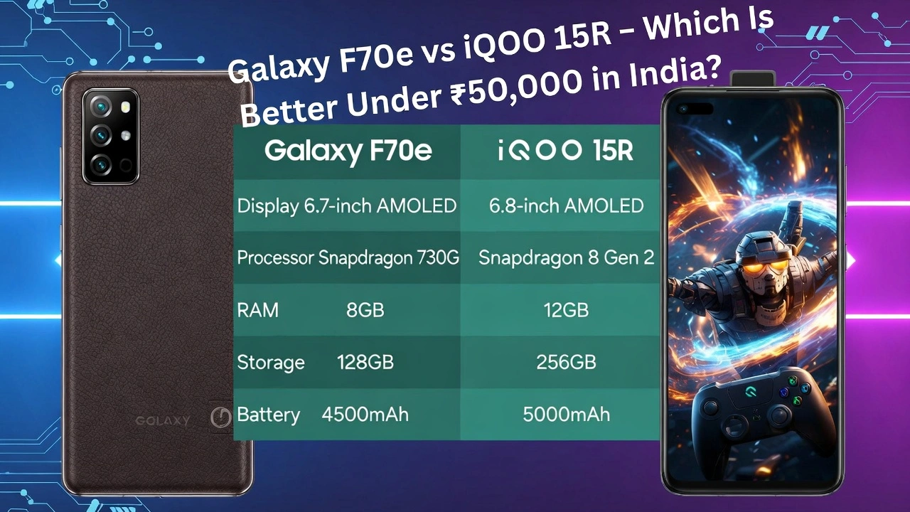 Galaxy F70e vs iQOO 15R comparison India – Samsung leather finish phone vs iQOO gaming beast, side-by-side with specs chart and price tags under ₹50,000