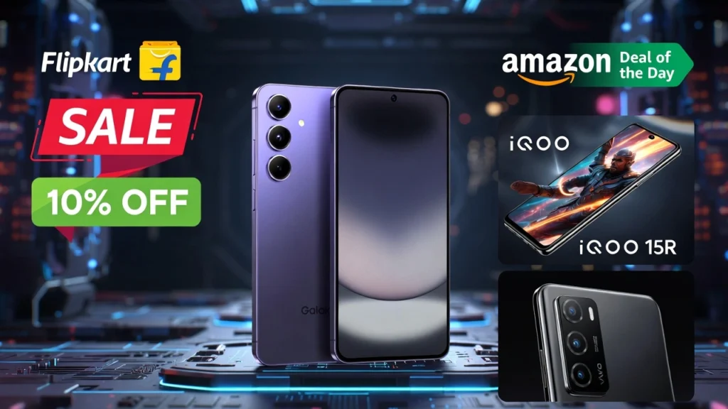 Galaxy S26 Ultra in Cobalt Violet after launch, with Flipkart Amazon deal badges, iQOO 15R and Vivo V70 alternatives, price tags and reaction icons for February 2026 India