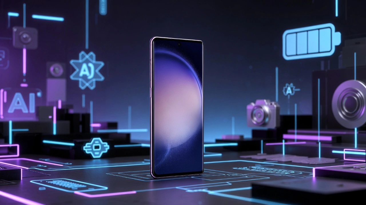 Samsung Galaxy S26 Ultra in Cobalt Violet launched February 2026, with early reactions, India deals icons and comparison symbols on tech background