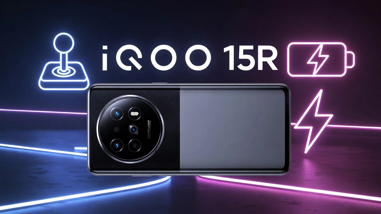 iQOO 15R smartphone in Dark Knight color with large circular camera module, gaming joystick and massive 7600mAh battery icons, on futuristic neon tech background