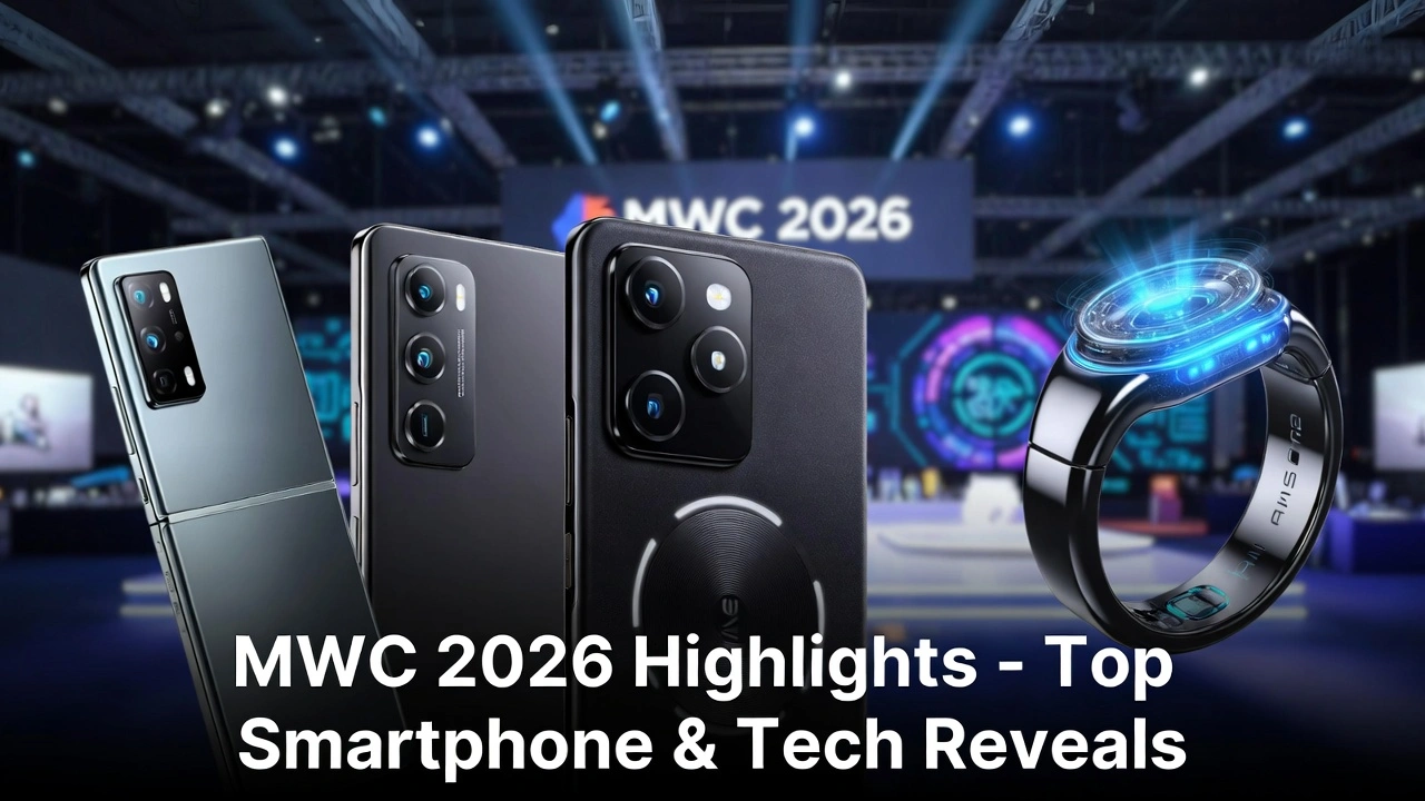 MWC 2026 highlights – Honor Magic V6 foldable, Vivo X300 Ultra camera, Xiaomi 15S Pro, AI ring wearable on MWC stage background with neon tech elements
