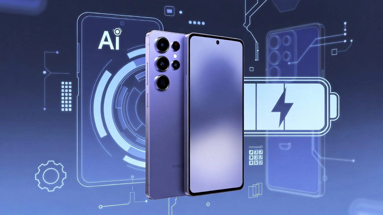 Samsung Galaxy S26 Ultra in Cobalt Violet color launched at Unpacked February 2026, showing front display and rear quad camera with AI and battery icons