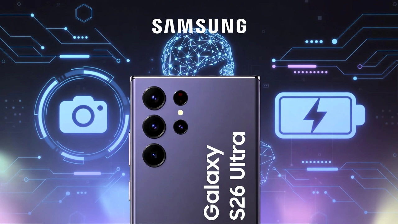 Samsung Galaxy S26 Ultra in Cobalt Violet color with triple camera module, AI and battery icons, on futuristic circuit background for Galaxy Unpacked February 25 launch