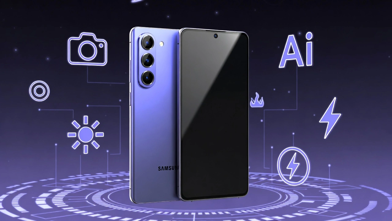 Samsung Galaxy S26 Ultra in Cobalt Violet color with front and back views, leaked renders showing camera module and S Pen, futuristic tech background