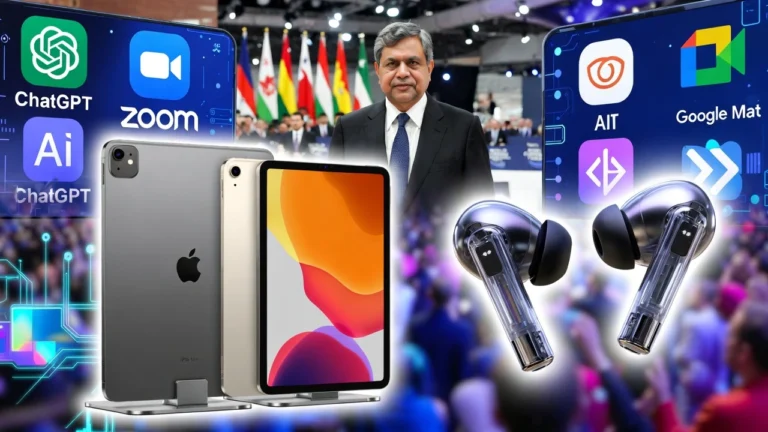 Today's mobile tech trends India February 9 2026 – Apple iPad 12 and iPad Air renders, OpenAI AI earbuds concept, IT Minister Ashwini Vaishnaw at Davos, AI icons on vibrant background