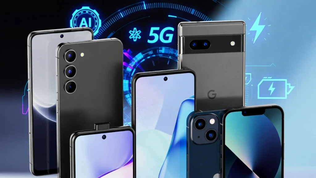 Collage of upcoming smartphones February 2026 including Samsung Galaxy S26 Ultra, Google Pixel 10a, Vivo V70, iQOO 15R and Apple iPhone 17e on futuristic tech background
