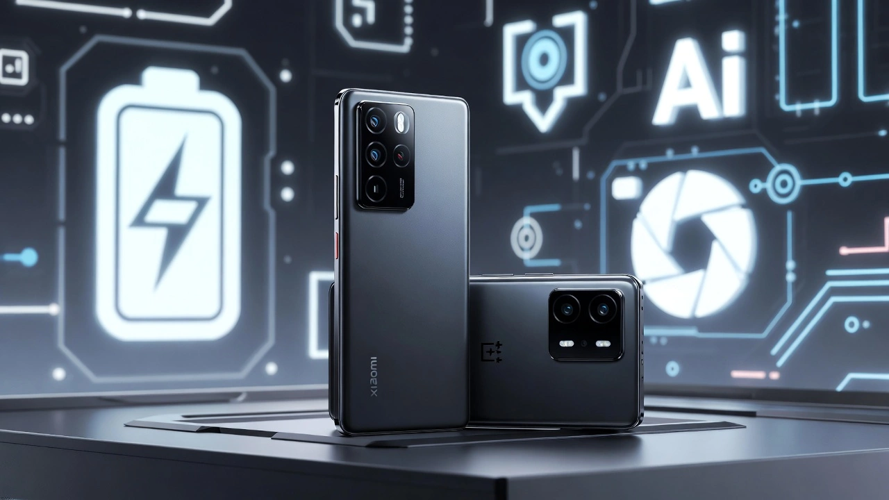 Xiaomi 17 and OnePlus Nord 6 smartphones in black and blue finishes with glowing battery, AI, and camera icons on futuristic tech background for March 2026 launch preview