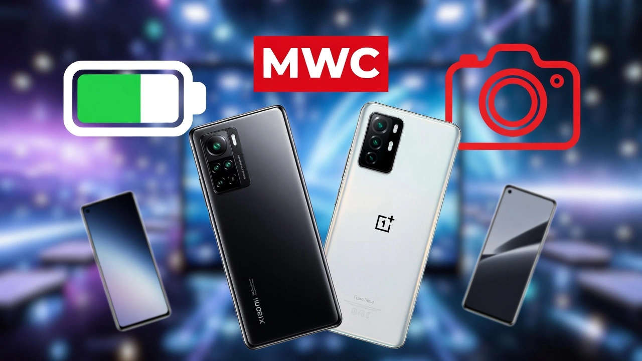 Upcoming smartphones March 2026 India – Xiaomi 17 series in black, OnePlus Nord mockup, MWC logo, battery and camera icons on futuristic tech background