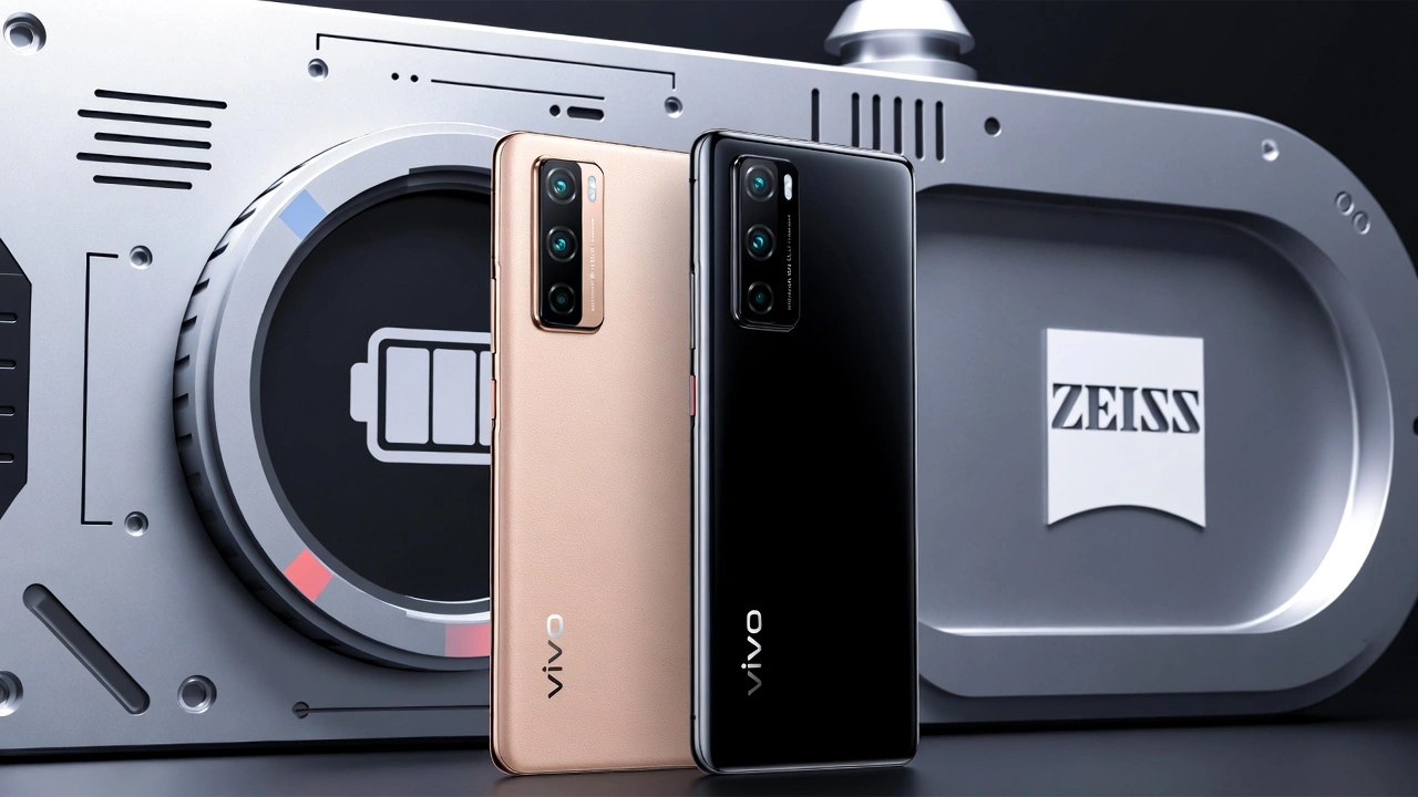 Vivo V70 and V70 Elite smartphones in Sand Beige and Authentic Black colors with ZEISS camera module, large battery icon and 5000 nits display highlights, on modern tech background
